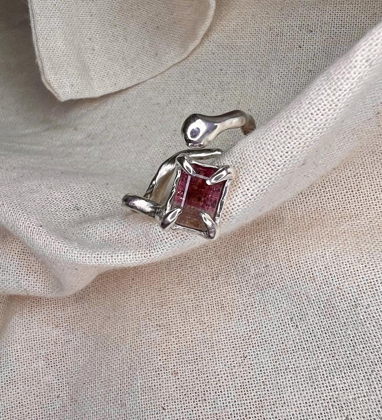 Pink Bicolour Tourmaline Ring – Organic Sterling Silver Setting | Handmade Statement Jewellery UK