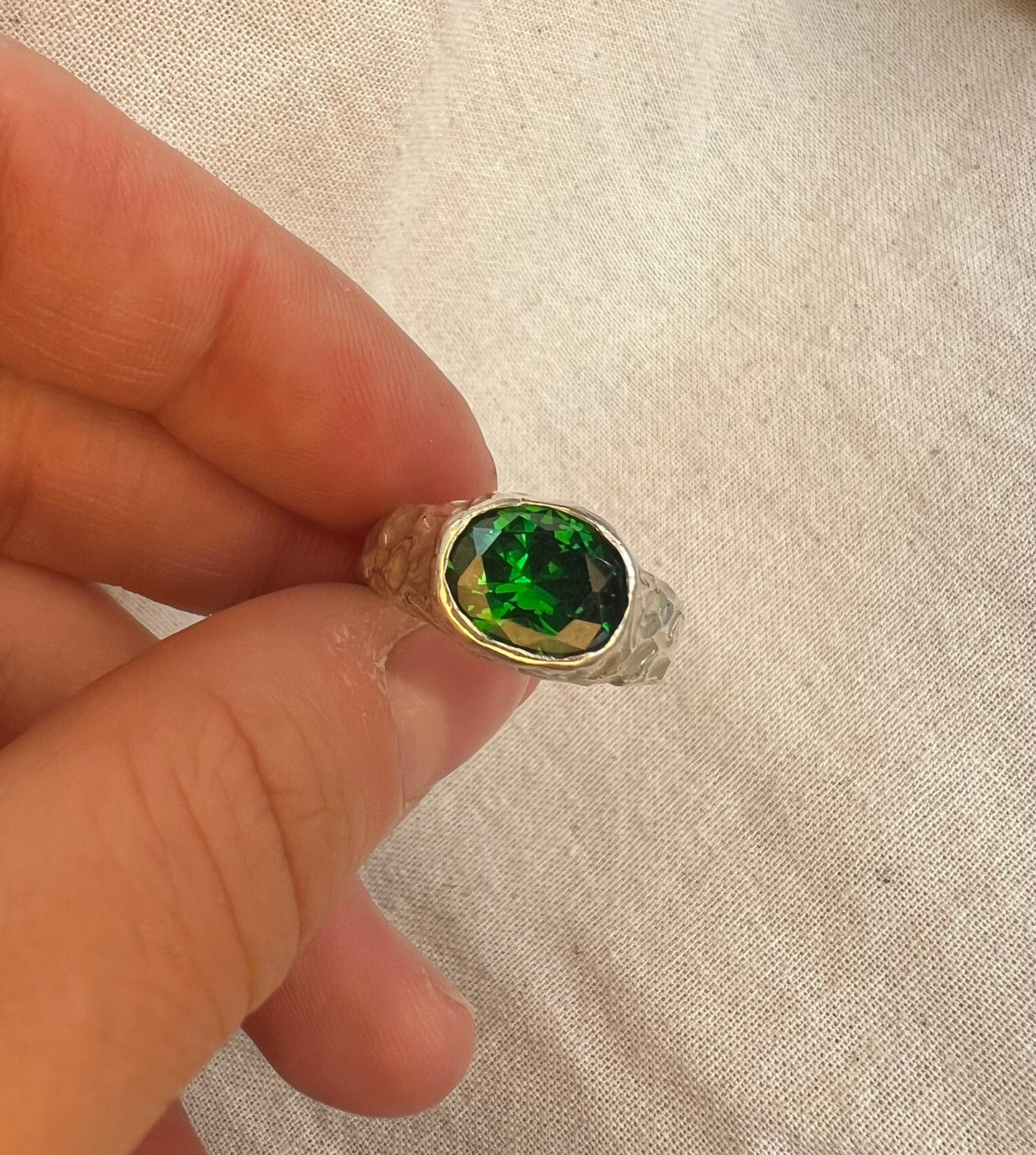 Green Gemstone Silver Ring – Handmade Sterling Silver with Emerald Green Cubic Zirconia | One of a Kind