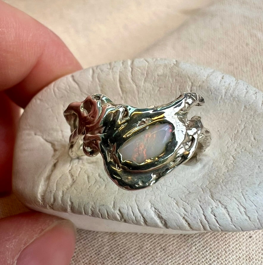 Handmade Opal Ring – Organic Sterling Silver Artisan Design | Raw Natural Australian Opal Jewellery