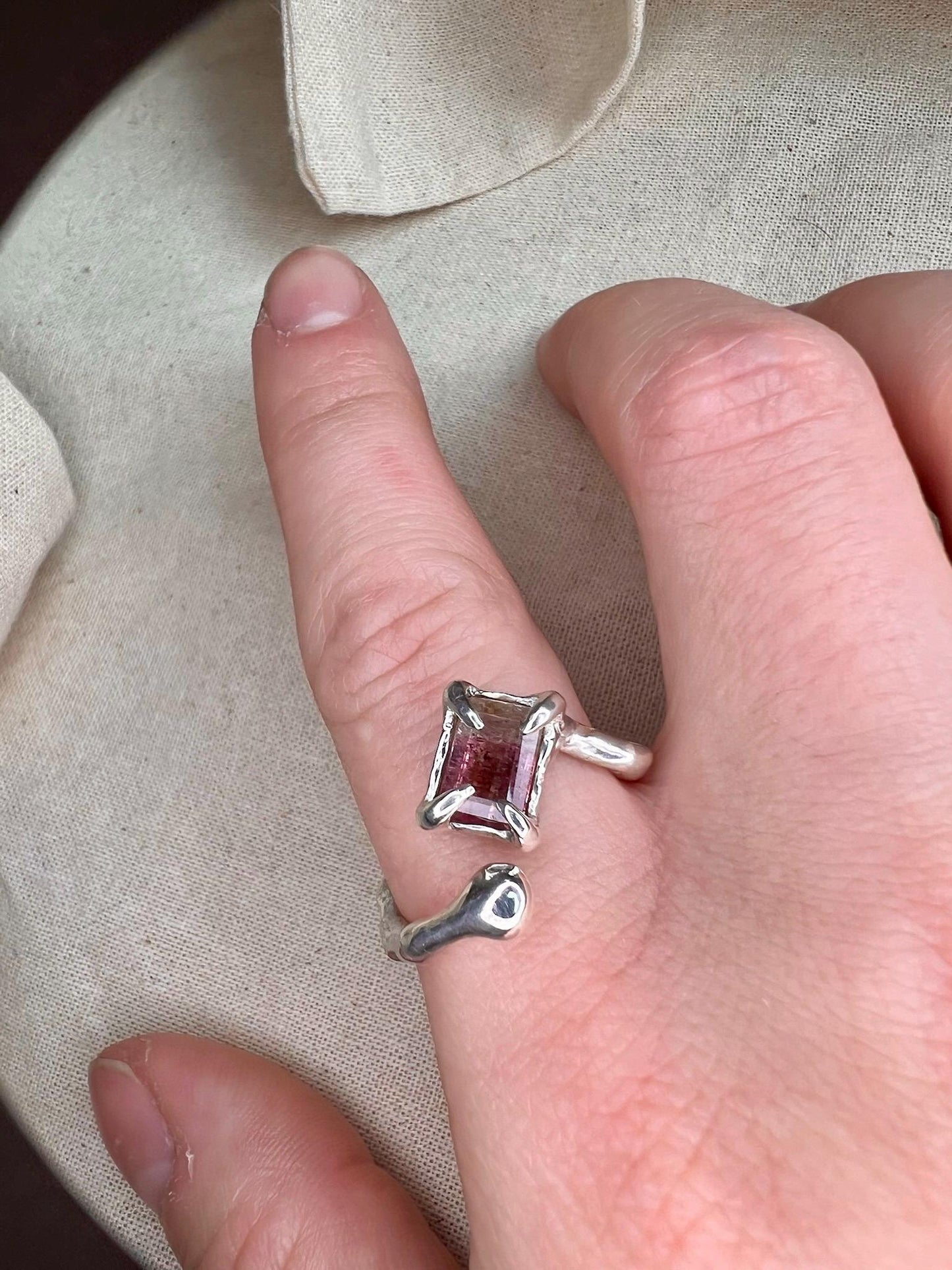 Pink Bicolour Tourmaline Ring – Organic Sterling Silver Setting | Handmade Statement Jewellery UK