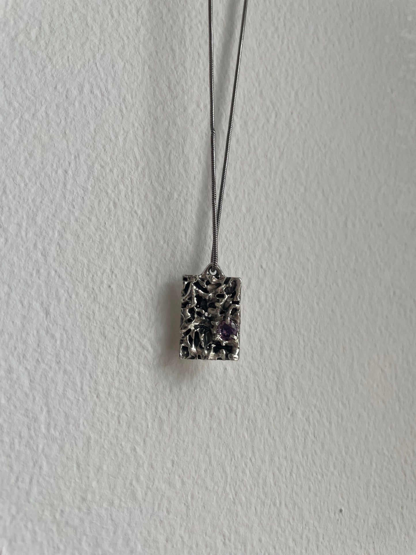 Raw Silver Necklace – Purple Cubic Zirconia Pendant | Handmade Sterling Jewellery UK