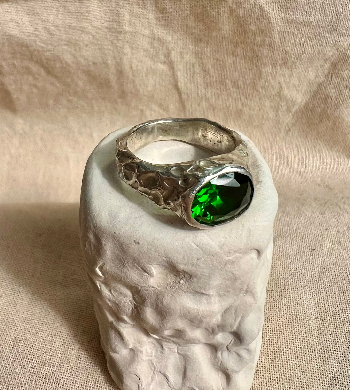 Green Gemstone Silver Ring – Handmade Sterling Silver with Emerald Green Cubic Zirconia | One of a Kind