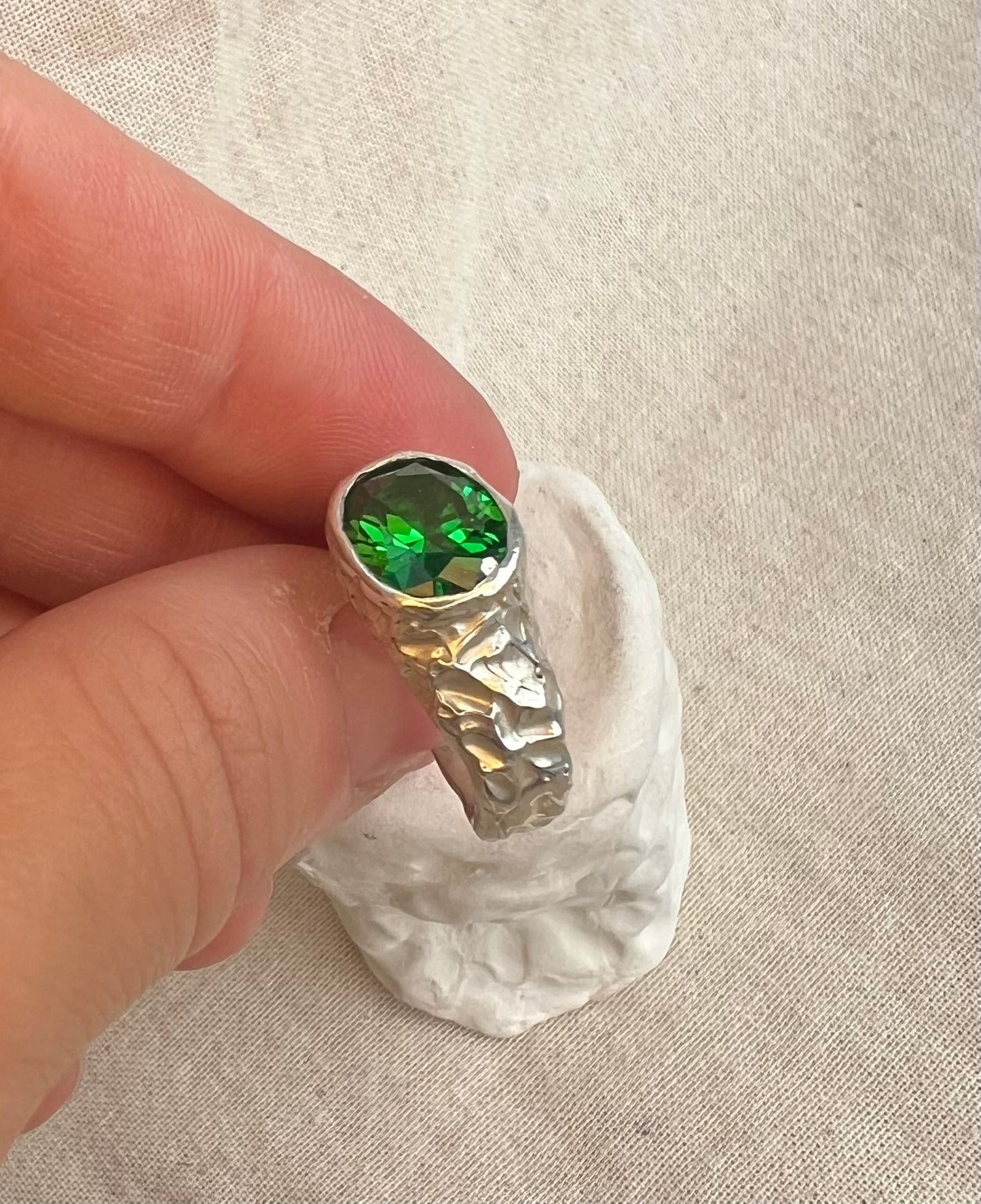 Green Gemstone Silver Ring – Handmade Sterling Silver with Emerald Green Cubic Zirconia | One of a Kind