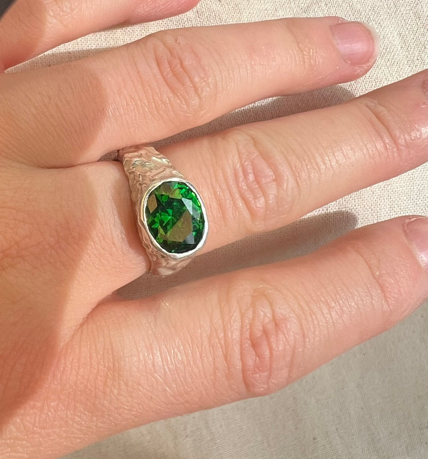 Green Gemstone Silver Ring – Handmade Sterling Silver with Emerald Green Cubic Zirconia | One of a Kind