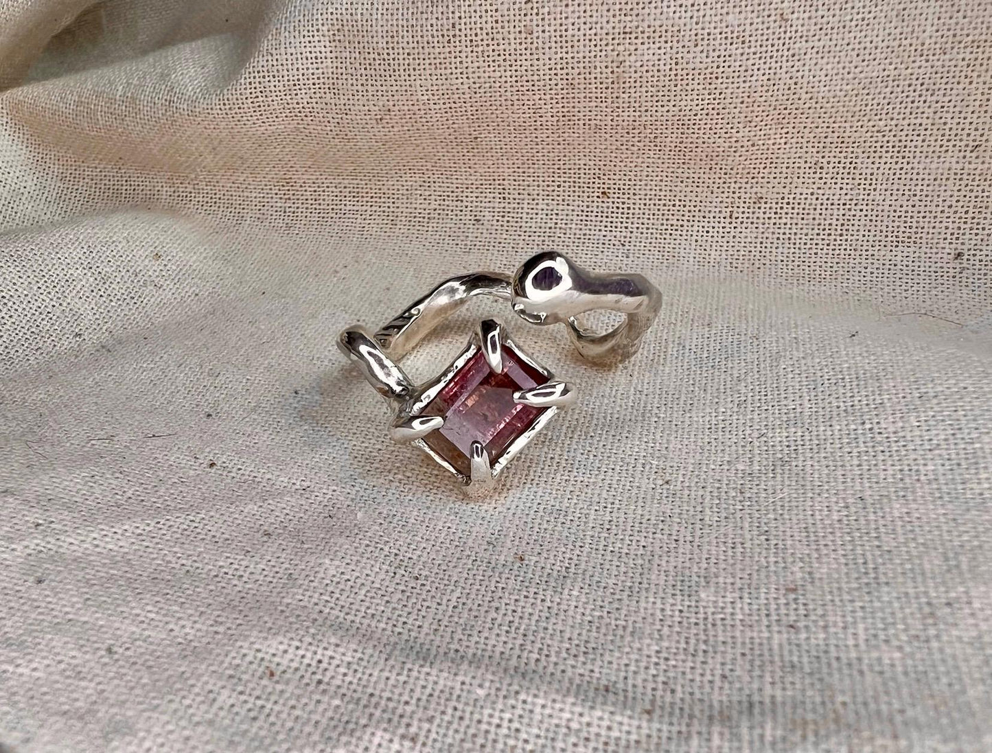 Pink Bicolour Tourmaline Ring – Organic Sterling Silver Setting | Handmade Statement Jewellery UK