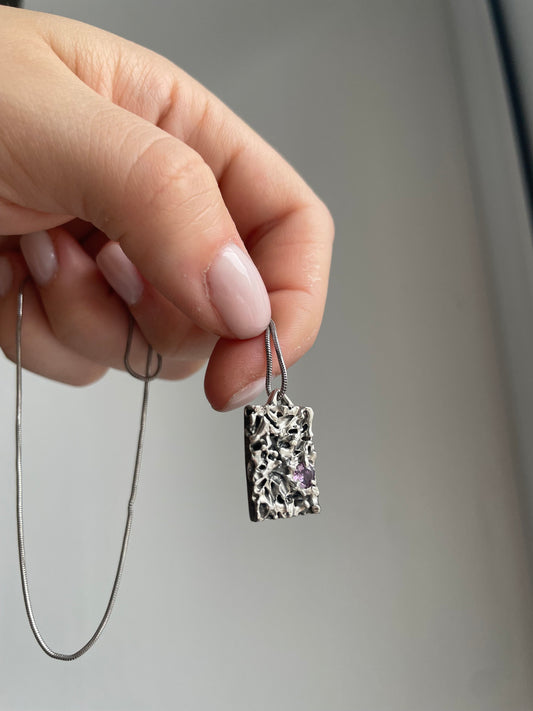 Raw Silver Necklace – Purple Cubic Zirconia Pendant | Handmade Sterling Jewellery UK