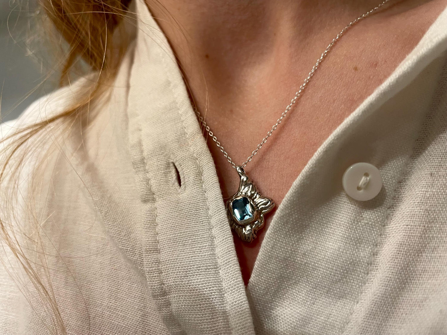 Ocean-Inspired Silver Necklace – Blue Topaz Handmade Jewellery | Organic Textured Pendant