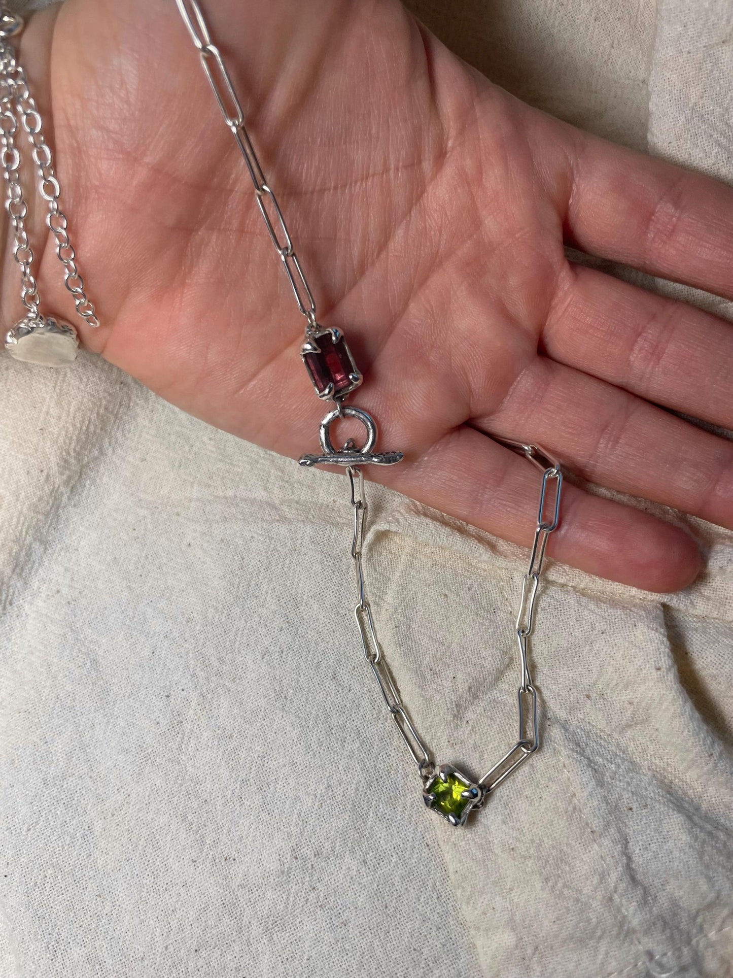 Duo Gemstone Necklace – Pink Tourmaline & Green Peridot in Sterling Silver | Handmade Asymmetric Jewellery UK
