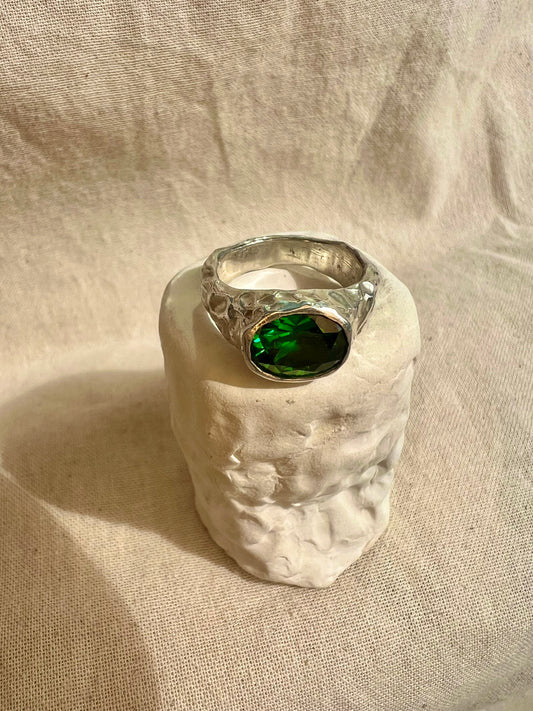 Green Gemstone Silver Ring – Handmade Sterling Silver with Emerald Green Cubic Zirconia | One of a Kind