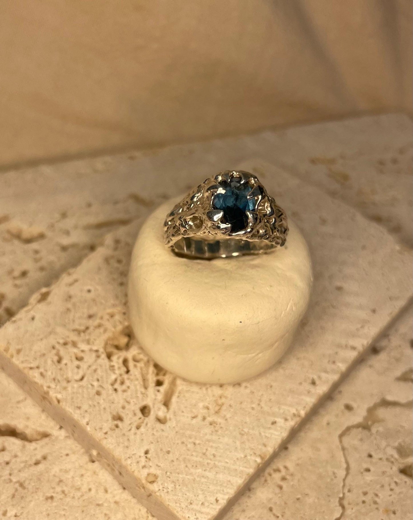 Raw Textured Sterling Silver Ring – Handmade Statement Ring for Men or Women - London Blue Topaz Gemstone