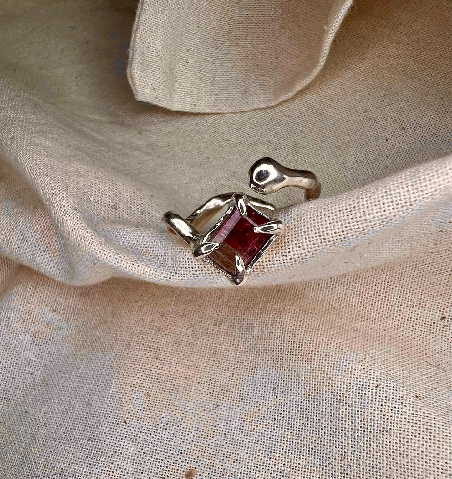 Pink Bicolour Tourmaline Ring – Organic Sterling Silver Setting | Handmade Statement Jewellery UK