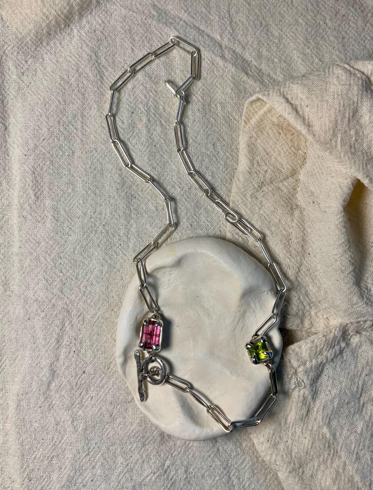 Duo Gemstone Necklace – Pink Tourmaline & Green Peridot in Sterling Silver | Handmade Asymmetric Jewellery UK