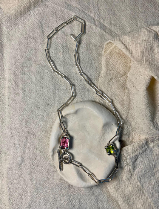 Duo Gemstone Necklace – Pink Tourmaline & Green Peridot in Sterling Silver | Handmade Asymmetric Jewellery UK