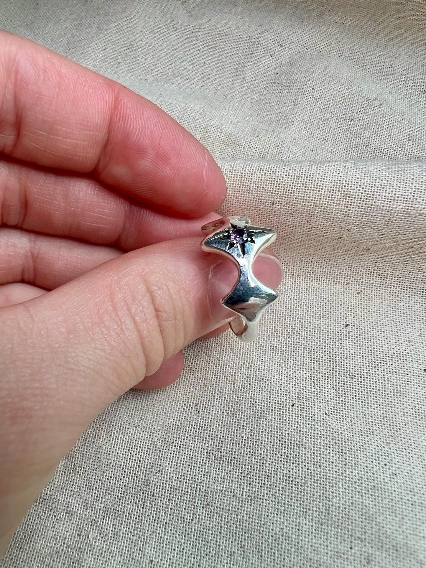 Purple CZ Starry Ring – Handmade Sterling Silver Celestial Ring | Organic Silver Jewellery UK