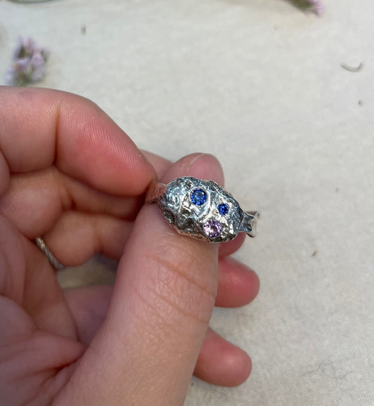 Organic Texture Recycled Siler Ring - Cubic Zirconia