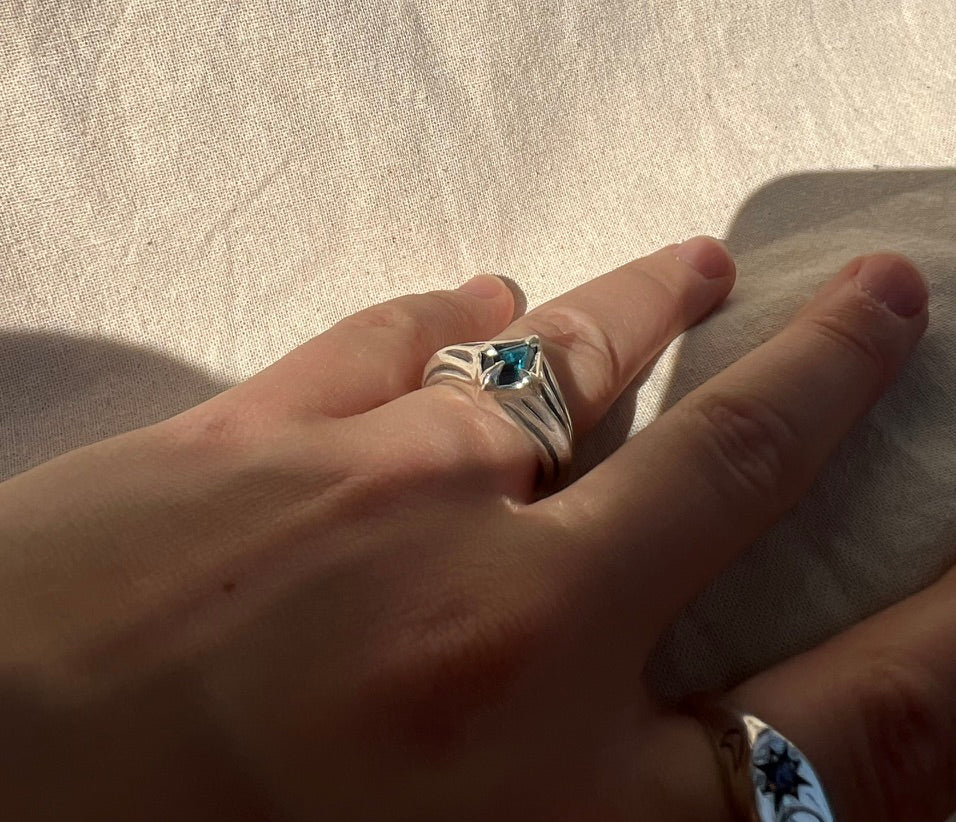 London Blue Topaz Hand Carved Ring
