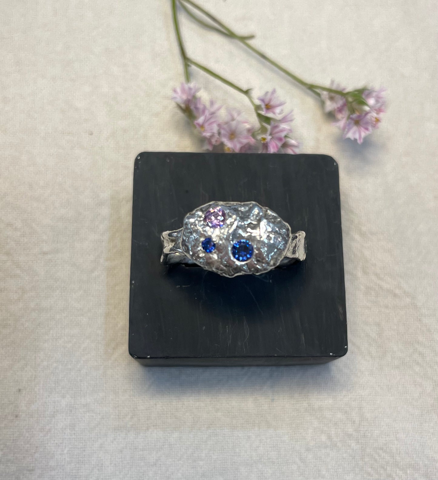 Organic Texture Recycled Siler Ring - Cubic Zirconia