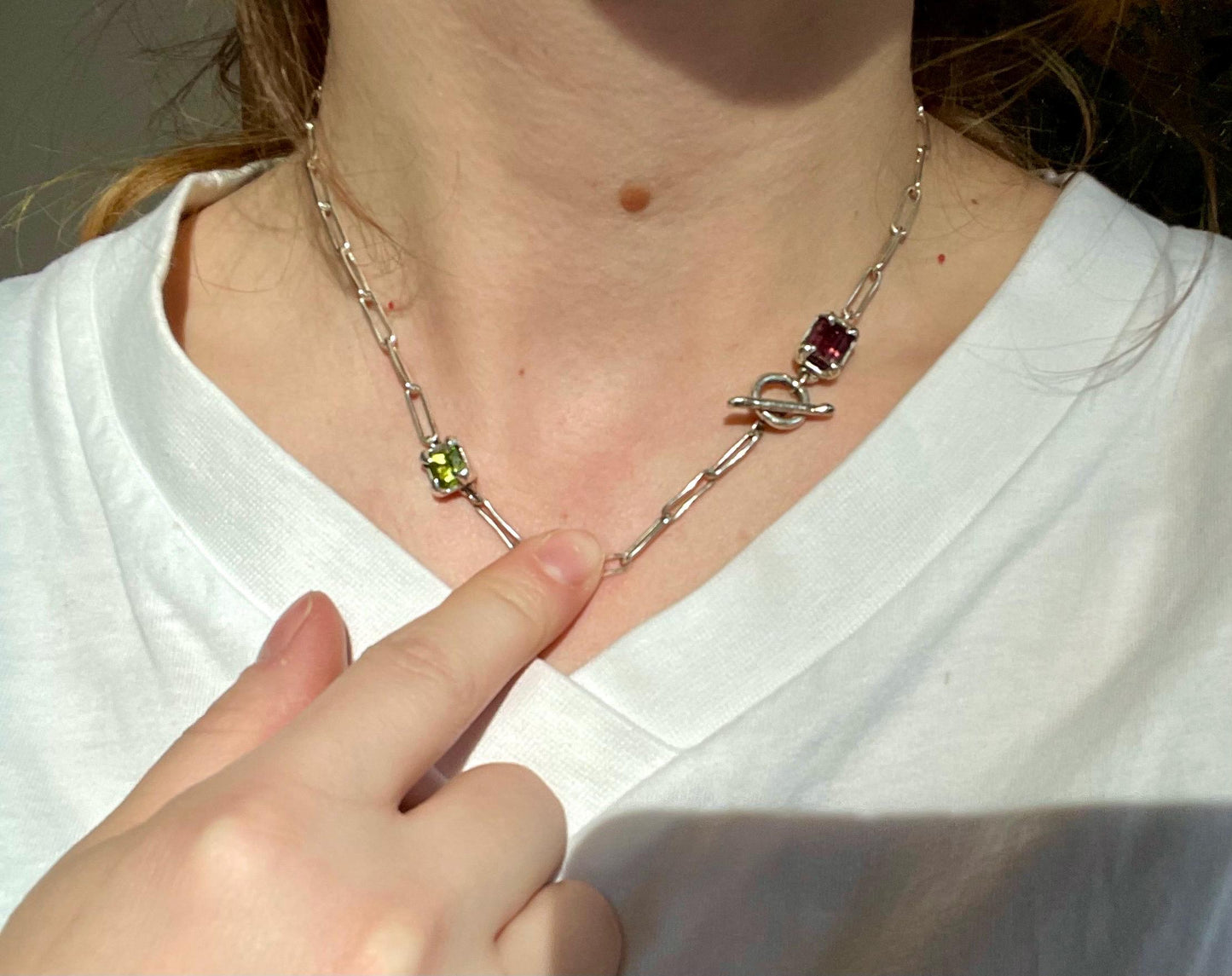 Duo Gemstone Necklace – Pink Tourmaline & Green Peridot in Sterling Silver | Handmade Asymmetric Jewellery UK