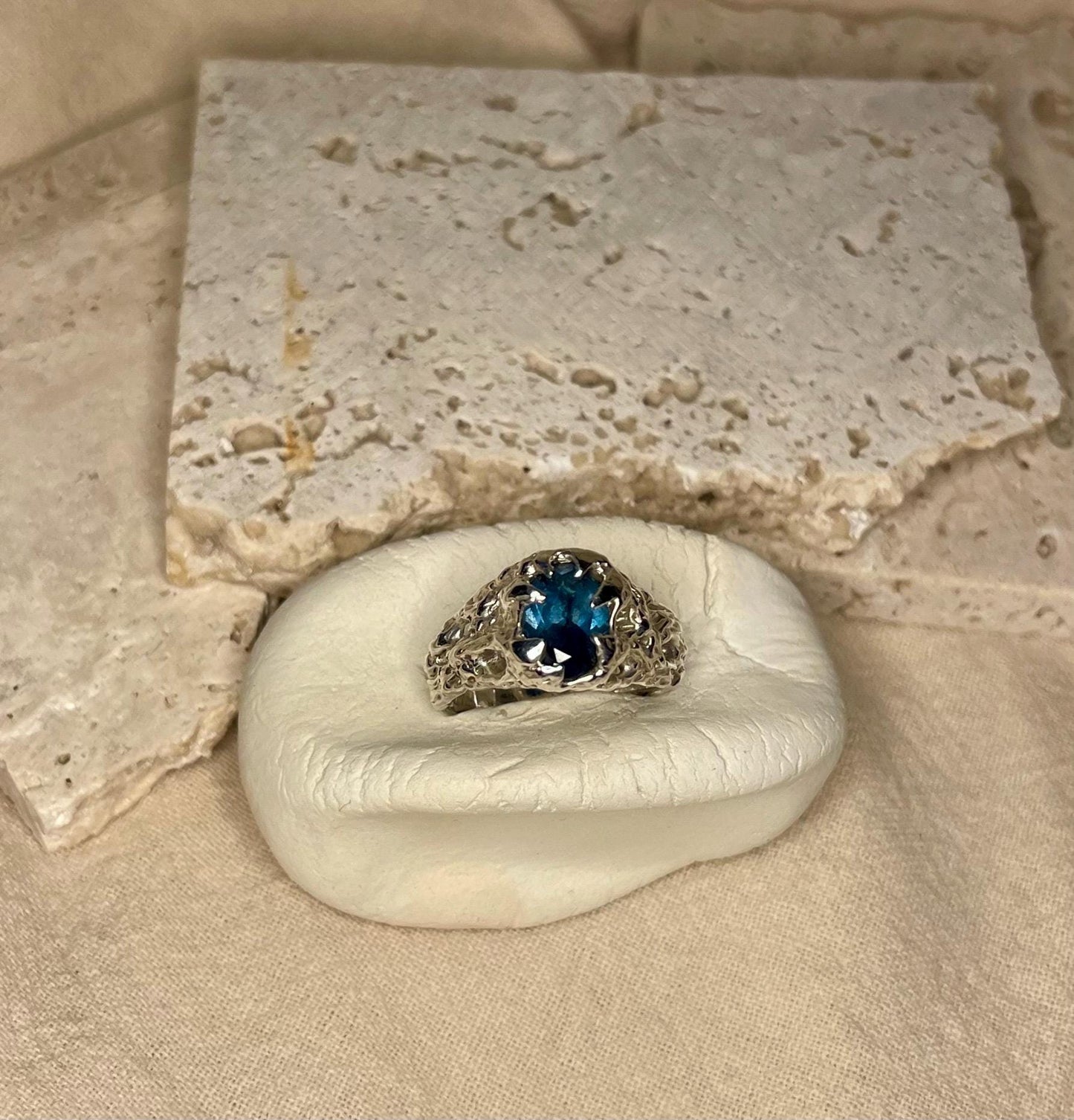 Raw Textured Sterling Silver Ring – Handmade Statement Ring for Men or Women - London Blue Topaz Gemstone