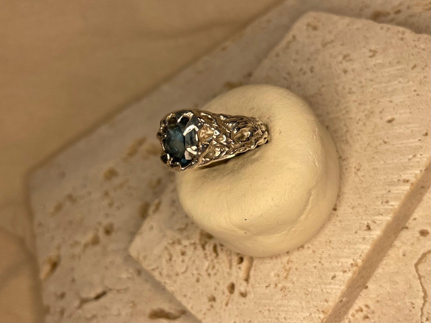 Raw Textured Sterling Silver Ring – Handmade Statement Ring for Men or Women - London Blue Topaz Gemstone