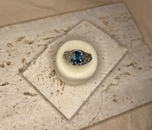 Raw Textured Sterling Silver Ring – Handmade Statement Ring for Men or Women - London Blue Topaz Gemstone