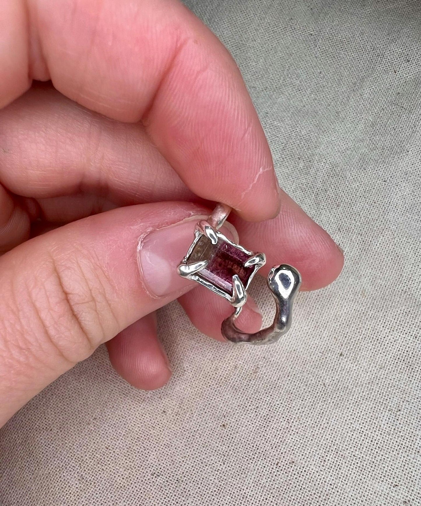 Pink Bicolour Tourmaline Ring – Organic Sterling Silver Setting | Handmade Statement Jewellery UK